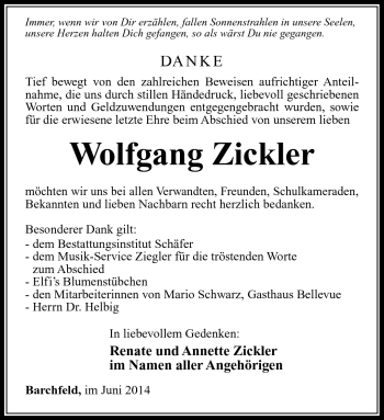 Traueranzeige von Wolfgang Zickler von Südthüringer Presse