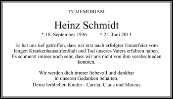 Traueranzeige von Heinz Schmidt von Frankenpost