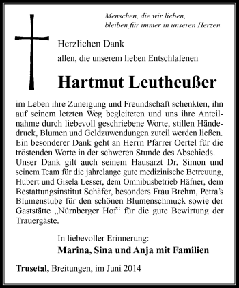 Traueranzeige von Hartmut Leutheußer von Südthüringer Presse