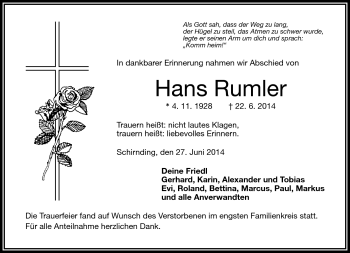 Traueranzeige von Hans Rumler von Frankenpost