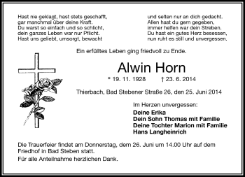 Traueranzeige von Alwin Horn von Frankenpost