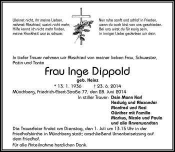 Traueranzeige von Inge Dippold von Frankenpost