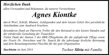 Traueranzeige von Agnes Kiontke von Neue Presse Coburg