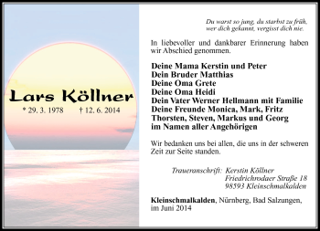 Traueranzeige von Lars Köllner von Südthüringer Presse