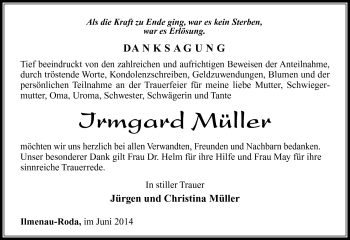 Traueranzeige von Irmgard Müller von Südthüringer Presse