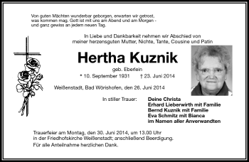 Traueranzeige von Hertha Kuznik von Frankenpost