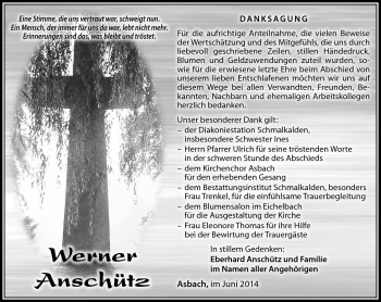 Traueranzeige von Werner Anschütz von Südthüringer Presse