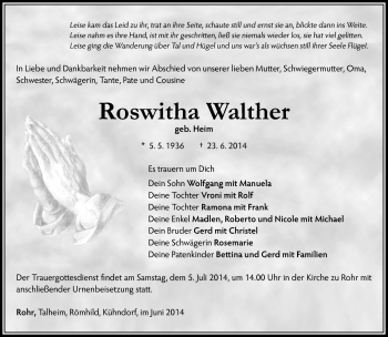 Traueranzeige von Roswitha Walther von Südthüringer Presse