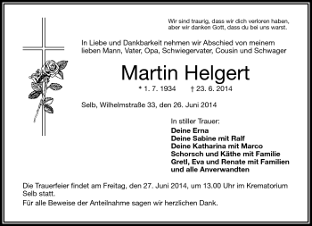 Traueranzeige von Martin Helgert von Frankenpost