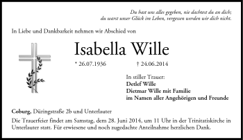 Traueranzeige von Isabella Wille von Neue Presse Coburg