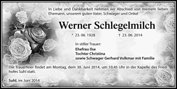 Traueranzeige von Werner Schlegelmilch von Südthüringer Presse