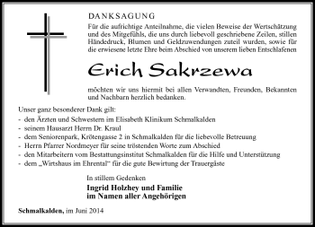 Traueranzeige von Erich Sakrzewa von Südthüringer Presse