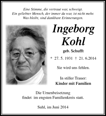 Traueranzeige von Ingeborg Kohl von Südthüringer Presse