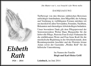 Traueranzeige von Elsbeth Rath von Südthüringer Presse