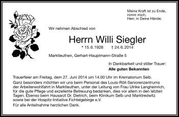 Traueranzeige von Willi Siegler von Frankenpost