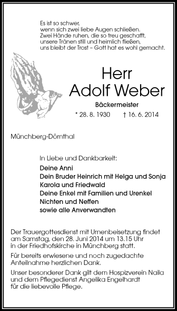 Traueranzeige von Adolf Weber von Frankenpost