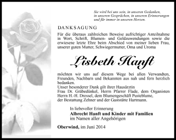 Traueranzeige von Liesbeth Hanft von Südthüringer Presse