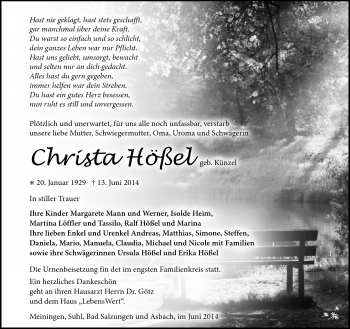 Traueranzeige von Christel Hößel von Südthüringer Presse