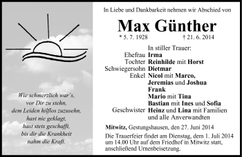 Traueranzeige von Max Günther von Neue Presse Coburg