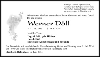 Traueranzeige von Werner Döll von Südthüringer Presse