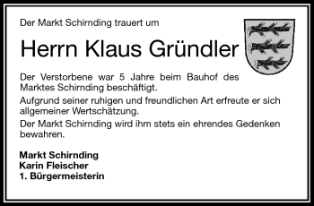 Traueranzeige von Klaus Gründler von Frankenpost