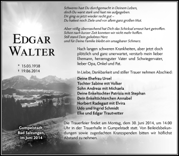 Traueranzeige von Edgar Walter von Südthüringer Presse
