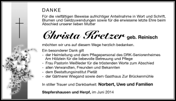 Traueranzeige von Christa Kretzer von Südthüringer Presse