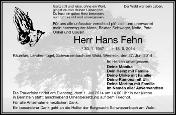 Traueranzeige von Hans Fehn von Frankenpost