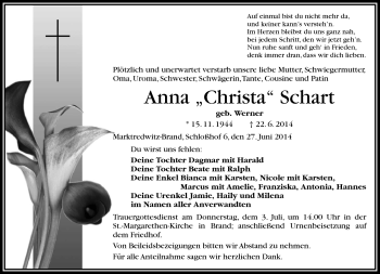 Traueranzeige von Anna Christa Schart von Frankenpost