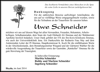Traueranzeige von Uwe Schneider von Südthüringer Presse