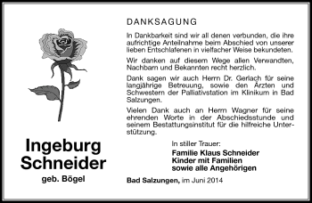 Traueranzeige von Ingeburg Schneider von Südthüringer Presse