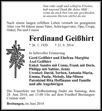 Traueranzeige von Ferdinand Geißhirt von Südthüringer Presse