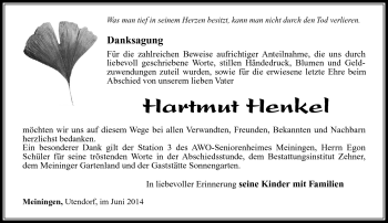 Traueranzeige von Hartmut Henkel von Südthüringer Presse