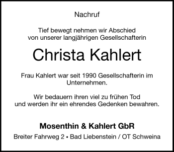Traueranzeige von Christa Kahlert von Südthüringer Presse