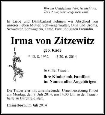 Traueranzeige von Irma von Zitzewitz von Südthüringer Presse