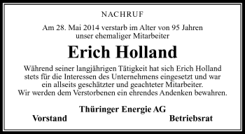 Traueranzeige von Erich Holland von Südthüringer Presse