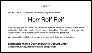 Traueranzeige von Rolf Reif von Neue Presse Coburg