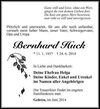 Traueranzeige von Bernhard Huck von Südthüringer Presse