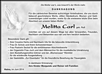 Traueranzeige von Melitta Carl von Südthüringer Presse