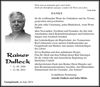 Traueranzeige von Rainer Dulleck von Südthüringer Presse