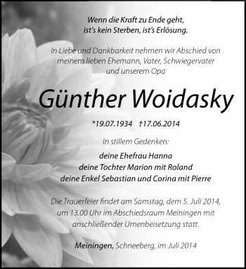 Traueranzeige von Günther Woidasky von Südthüringer Presse