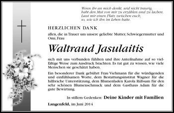 Traueranzeige von Waltraud Jasulaitis von Südthüringer Presse