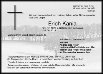 Traueranzeige von Erich Kania von Frankenpost