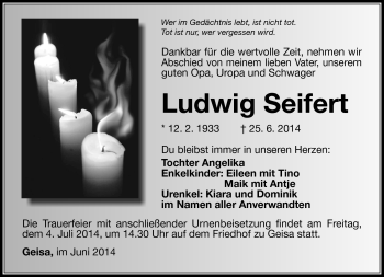 Traueranzeige von Ludwig Seifert von Südthüringer Presse