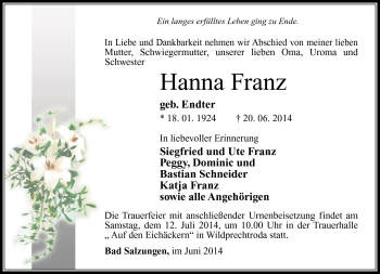 Traueranzeige von Hanna Franz von Südthüringer Presse