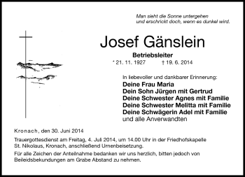 Traueranzeige von Josef Gänslein von Neue Presse Coburg