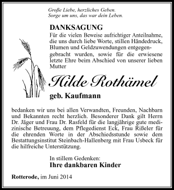 Traueranzeige von Hilde Rothämel von Südthüringer Presse