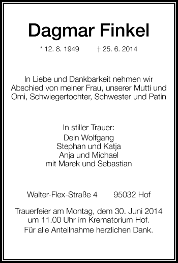 Traueranzeige von Dagmar Finkel von Frankenpost