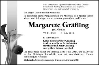 Traueranzeige von Margarete Gräfling von Südthüringer Presse