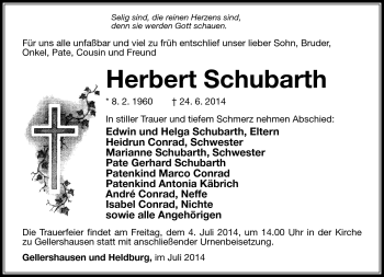 Traueranzeige von Herbert Schubarth von Südthüringer Presse
